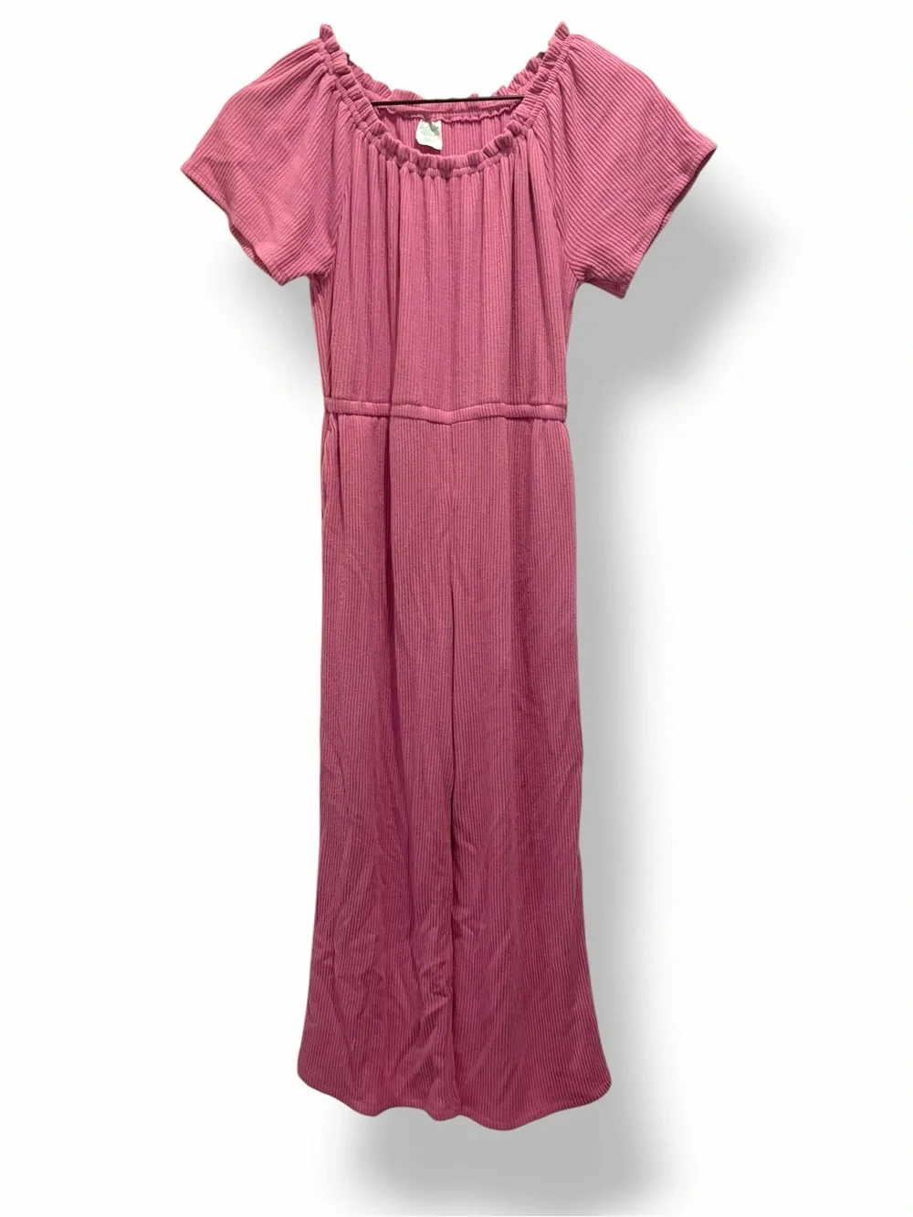 Pink Ribbed Wide Leg Jumpsuit Ruffle Neck Pockets Girls Sz 8 Medium